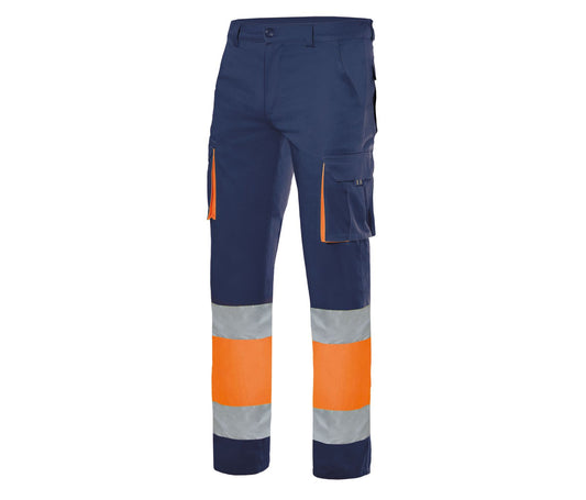 Pantalon 100% Coton Bicolore Multipoches Haute Visibilité - Velilla coloris Navy/Fluo Orange