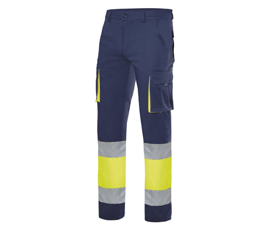 Pantalon 100% Coton Bicolore Multipoches Haute Visibilité - Velilla coloris Navy/Fluo Yellow